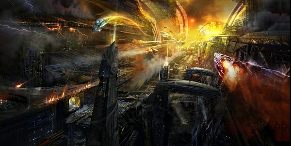 Anime picture 1410x709 with original philipstraub (artist) wide image city evening light sunset flying battle lightning dust science fiction panorama building (buildings)
