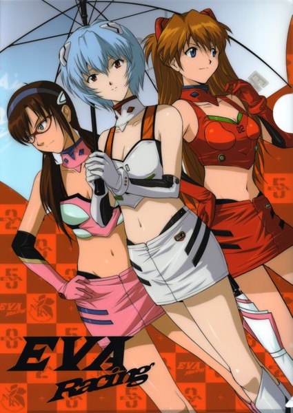 Anime picture 4252x6000 with neon genesis evangelion gainax soryu asuka langley ayanami rei makinami mari illustrious tagme (artist) long hair tall image highres short hair blue eyes red eyes brown hair multiple girls blue hair absurdres scan midriff shared umbrella racequeen