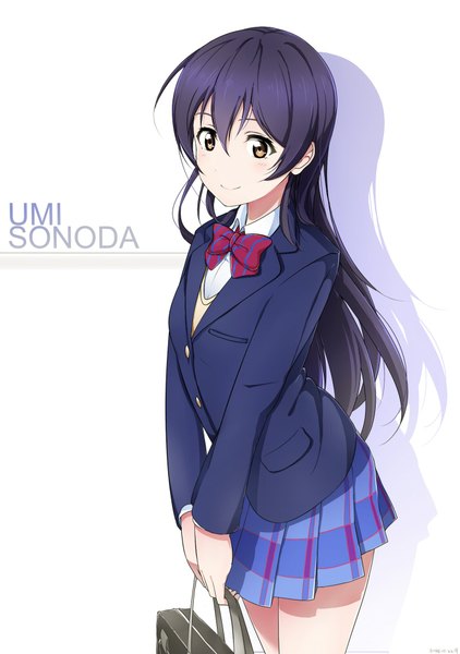 Anime picture 1396x1986 with love live! school idol project sunrise (studio) love live! sonoda umi shiimai single long hair tall image black hair simple background smile white background brown eyes from above shadow character names girl uniform school uniform school bag