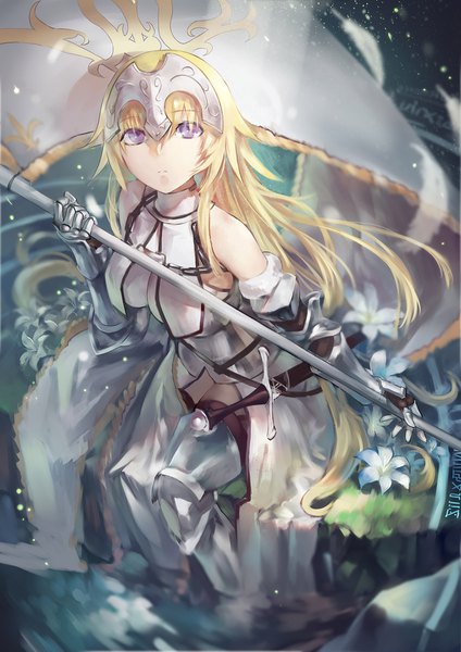 Anime picture 1200x1697 with fate (series) fate/apocrypha jeanne d'arc (fate) (all) jeanne d'arc (fate) azomo single long hair tall image blonde hair sitting purple eyes bare shoulders from above looking up girl flower (flowers) weapon sword armor lily (flower)