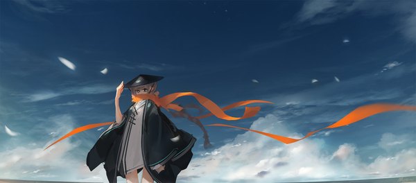 Anime picture 1915x844 with original pixiv fantasia pixiv fantasia new world monono single long hair fringe highres brown hair wide image standing brown eyes sky cloud (clouds) braid (braids) traditional clothes wind girl petals headdress