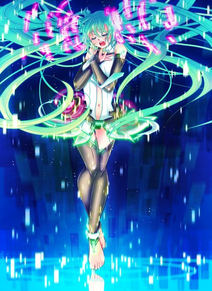 Anime picture 1306x1795 with vocaloid vocaloid append hatsune miku hatsune miku (append) tagme (artist) single long hair tall image fringe open mouth twintails eyes closed very long hair barefoot aqua hair weightlessness singing girl thighhighs navel