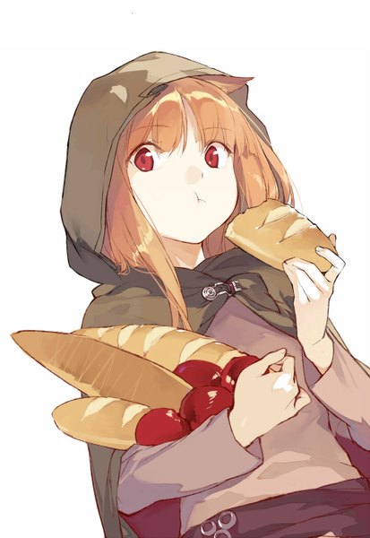 Anime picture 1000x1453 with spice and wolf horo duoyuanjun single long hair tall image fringe simple background red eyes standing white background animal ears orange hair eating wolf ears cute :t girl hood fruit