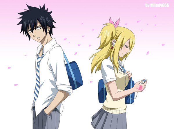 Anime picture 1280x949 with fairy tail ipod lucy heartfilia gray fullbuster milady666 long hair short hair black hair blonde hair smile eyes closed profile pleated skirt looking back black eyes tattoo one side up pink background hands in pockets back to back