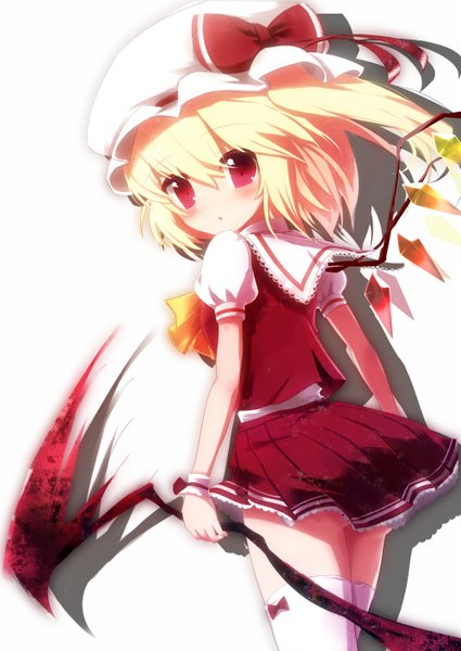 Anime picture 1000x1412 with touhou flandre scarlet taharu kousuke single tall image blush short hair light erotic simple background blonde hair red eyes white background girl thighhighs dress skirt bow weapon white thighhighs wings