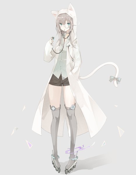 Anime picture 1100x1415 with original tlla (artist) single long hair tall image looking at viewer fringe simple background hair between eyes brown hair holding green eyes full body tail animal tail grey background shadow cat tail sleeves past wrists :p