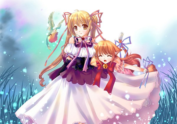 Anime picture 1024x721 with grandia bing long hair blonde hair smile twintails multiple girls animal ears yellow eyes tail loli girl dress bow ribbon (ribbons) 2 girls plant (plants) hair ribbon animal bird (birds) bell