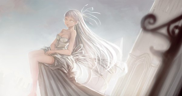 Anime picture 1420x753 with original bryanth single long hair looking at viewer fringe wide image sitting bare shoulders cleavage white hair barefoot wind white eyes girl dress ribbon (ribbons) hair ribbon white dress