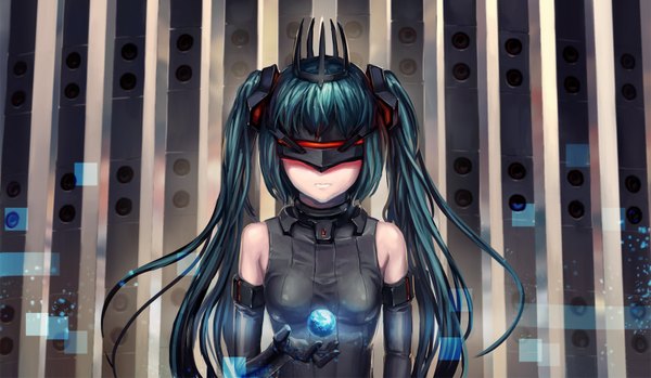 Anime picture 1600x932 with vocaloid hatsune miku naoki yukira single long hair fringe wide image twintails blue hair covering eye (eyes) girl gloves black gloves elbow gloves bodysuit crown planet earth
