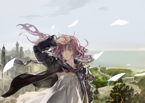 Anime picture 4222x3000 with original pixiv fantasia pixiv fantasia fallen kings noir (ibaraki) single long hair highres purple eyes looking away absurdres purple hair wind hand on head scenic girl dress cloak