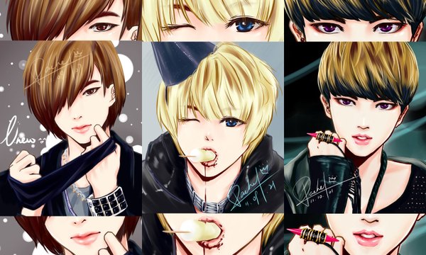 Anime picture 1500x900 with shinee (group) taemin onew (shinee) key (shinee) tagme (artist) fringe short hair blue eyes simple background blonde hair brown hair wide image purple eyes brown eyes one eye closed lips wink hair over one eye inscription grey background