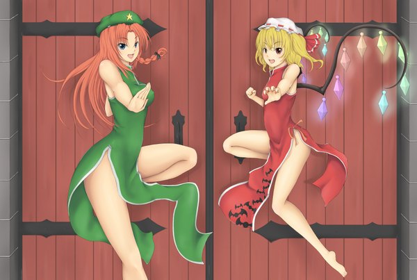 Anime picture 1800x1210 with touhou flandre scarlet hong meiling cookin long hair blush highres short hair open mouth blue eyes light erotic blonde hair red eyes multiple girls red hair barefoot bare legs chinese clothes girl 2 girls