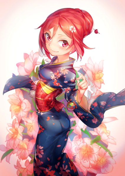 Anime picture 2480x3508 with love live! school idol project sunrise (studio) love live! nishikino maki pg (pgouwoderen) single tall image blush highres short hair smile pink hair traditional clothes japanese clothes pink eyes looking back hair flower hair bun (hair buns) floral print floral background