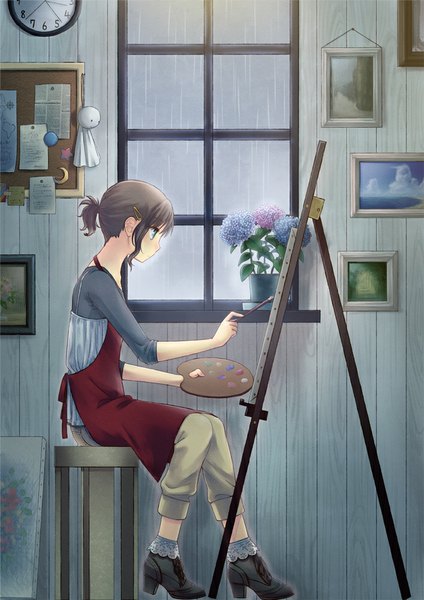 Anime picture 707x1000 with original megumu single tall image short hair blue eyes black hair sitting girl flower (flowers) window apron picture