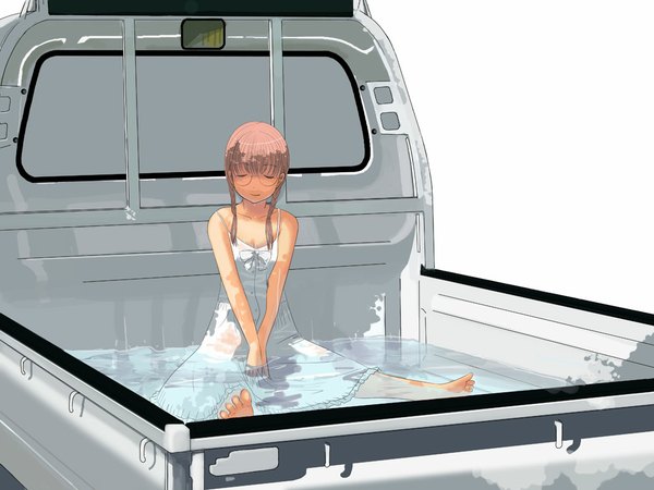 Anime picture 1024x768 with original souldeep single sitting bare shoulders braid (braids) eyes closed barefoot wet spread legs twin braids partially submerged hands clasped girl dress water glasses white dress ground vehicle truck