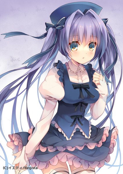 Anime picture 707x1000 with root double kotono yuuri mayachi (amuriya) single long hair tall image looking at viewer blush fringe breasts twintails green eyes purple hair zettai ryouiki frilly skirt girl thighhighs bow ribbon (ribbons) hair bow