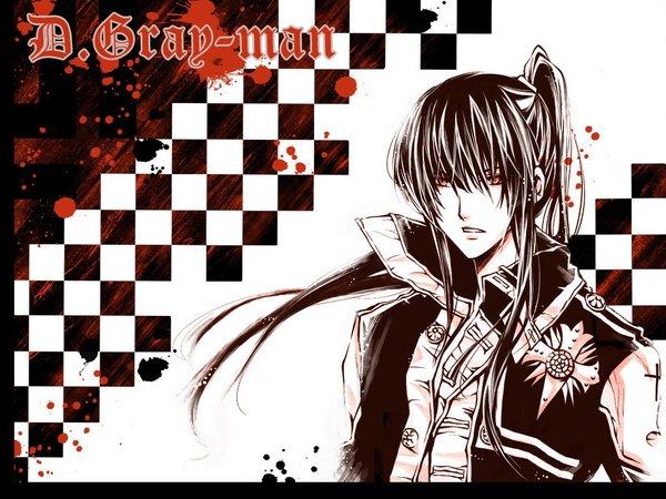 Anime picture 1024x768 with d.gray-man kanda yuu single long hair ponytail wind copyright name monochrome blood stains abstract partially colored boy blood paint