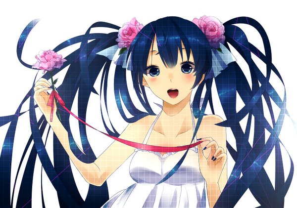 Anime picture 1515x1065 with vocaloid hatsune miku long hair looking at viewer open mouth blue eyes simple background white background twintails blue hair nail polish girl dress hair ornament flower (flowers) ribbon (ribbons) white dress rose (roses)