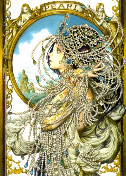 Anime picture 718x1000 with original tukiji nao (green glass) single long hair tall image open mouth black hair bare shoulders sky cloud (clouds) profile bare back rock bodypaint girl jewelry crown beads pearls