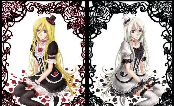 Anime picture 1500x919 with original hitoha long hair blue eyes blonde hair wide image multiple girls white hair girl thighhighs dress flower (flowers) black thighhighs 2 girls hat white thighhighs white dress black dress rose (roses) collar