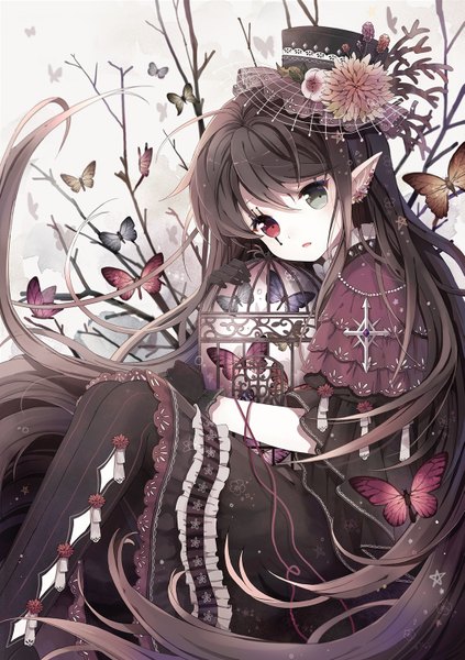 Anime picture 1057x1500 with original rednian single tall image looking at viewer fringe black hair red eyes very long hair pointy ears grey eyes heterochromia piercing ear piercing lolita fashion goth-loli girl dress gloves pantyhose