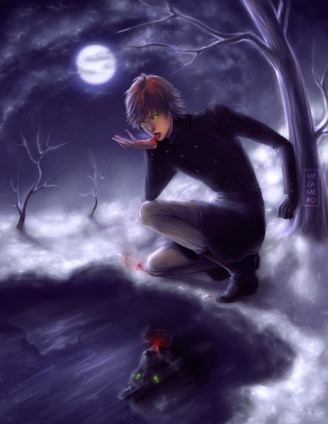 Anime picture 1000x1292 with original mezamero single tall image short hair blonde hair brown hair sitting green eyes signed cloud (clouds) red hair night night sky reflection winter snow squat licking werewolf