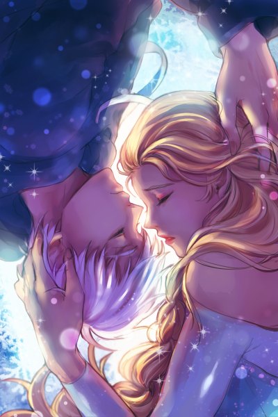 Anime picture 800x1200 with frozen (disney) rise of the guardians disney dreamworks elsa (frozen) jack frost (rise of the guardians) tagme (artist) long hair tall image short hair blonde hair bare shoulders white hair eyes closed profile lips sunlight sparkle couple hug