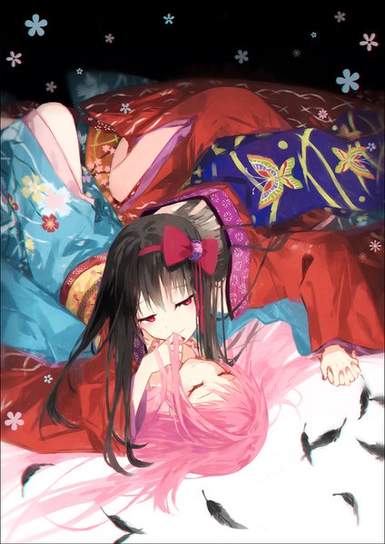 Anime picture 1000x1414 with mahou shoujo madoka magica shaft (studio) akemi homura kaname madoka hakusai (tiahszld) long hair tall image fringe black hair smile multiple girls pink hair lying eyes closed nail polish traditional clothes japanese clothes pink eyes on back holding hands