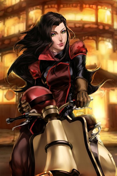 Anime picture 750x1125 with avatar: the legend of korra asami sato artipelago single long hair tall image black hair green eyes light smile lips realistic lipstick coloring girl gloves helmet motorcycle motorcycle helmet