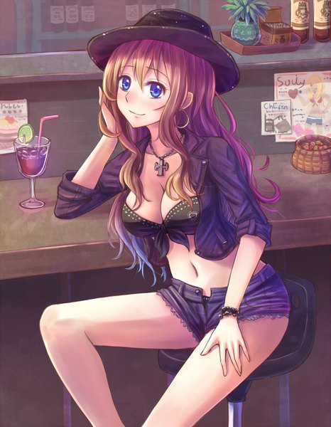 Anime picture 1089x1400 with original xia you qing suikakitsu shiro single long hair tall image blush breasts blue eyes light erotic brown hair sitting girl navel hat shorts bikini top