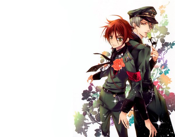 Anime picture 2200x1730 with barajou no kiss hasuzaki yakoh suzumura idel highres short hair simple background brown hair white background green eyes yellow eyes green hair back to back boy uniform flower (flowers) necktie rose (roses) military uniform peaked cap flat cap
