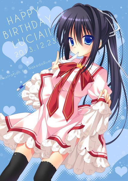 Anime picture 753x1062 with rewrite konohana lucia nakada rumi single long hair tall image blush blue eyes black hair holding ponytail mouth hold happy birthday girl thighhighs dress uniform ribbon (ribbons) black thighhighs hair ribbon