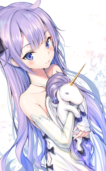 Anime picture 1800x2912 with azur lane unicorn (azur lane) pdxen single tall image looking at viewer blush fringe highres smile white background purple eyes bare shoulders payot purple hair upper body ahoge ponytail very long hair parted lips