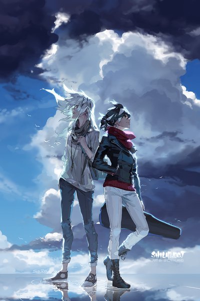 Anime picture 800x1200 with carciphona veloce visrin blackbird shilin long hair tall image black hair standing multiple girls green eyes signed looking away silver hair cloud (clouds) full body bent knee (knees) profile multicolored hair wind two-tone hair