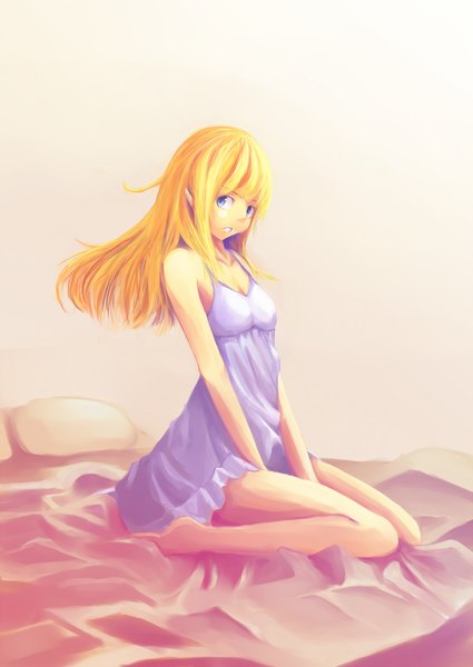 Anime picture 1074x1517 with neige (pleinair) single long hair tall image blue eyes blonde hair sitting bare shoulders looking back girl sundress