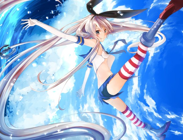 Anime picture 2089x1600 with kantai collection shimakaze destroyer minamito single blush highres light erotic blonde hair brown eyes sky cloud (clouds) full body very long hair spread legs spread arms girl thighhighs gloves bow hair bow