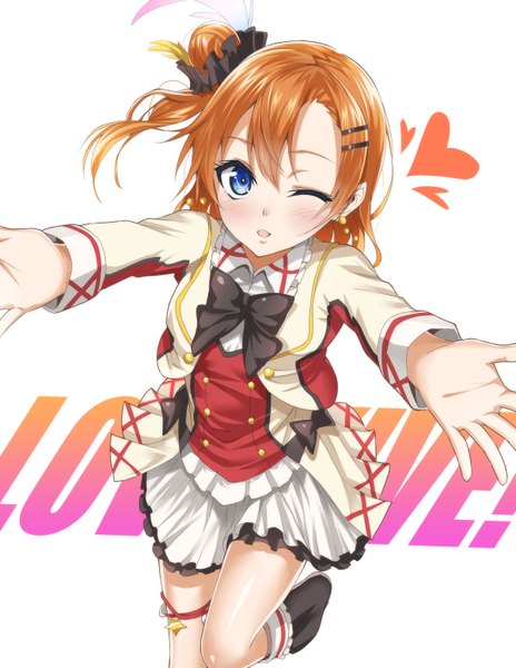 Anime picture 1200x1550 with love live! school idol project sunrise (studio) love live! kousaka honoka heirou single tall image looking at viewer blush short hair open mouth blue eyes one eye closed wink orange hair one side up girl dress heart bowtie