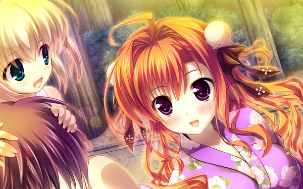 Anime picture 1024x640 with ore no kanojo no uraomote amahara miyabi long hair blush open mouth wide image purple eyes game cg red hair japanese clothes girl bow hair bow kimono child (children)