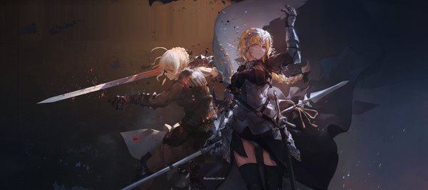 Anime picture 2250x1000 with fate (series) fate/stay night fate/apocrypha artoria pendragon (all) saber jeanne d'arc (fate) (all) saber alter jeanne d'arc (fate) mivit long hair looking at viewer fringe highres light erotic blonde hair hair between eyes wide image multiple girls holding signed