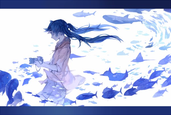 Anime picture 1136x768 with original spencer sais long hair fringe simple background standing white background twintails blue hair eyes closed light smile girl animal jacket fish (fishes) camera