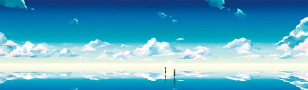 Anime picture 2046x600 with inazuma eleven go kirino ranmaru shindou takuto long hair brown hair wide image standing pink hair sky cloud (clouds) multiple boys silhouette boy 2 boys