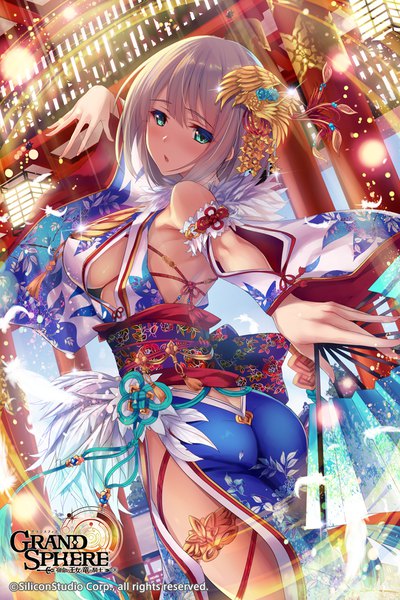 Anime picture 680x1020 with grand sphere teol (grand sphere) fukai ryosuke single tall image looking at viewer blush short hair breasts light erotic large breasts green eyes silver hair official art copyright name sideboob side slit girl hair ornament obi