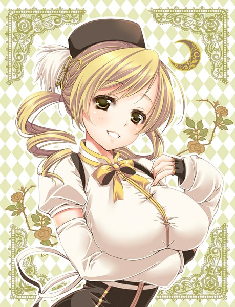 Anime picture 780x1020 with mahou shoujo madoka magica shaft (studio) tomoe mami len togarti single long hair tall image breasts light erotic blonde hair smile large breasts yellow eyes drill hair girl dress gloves fingerless gloves beret