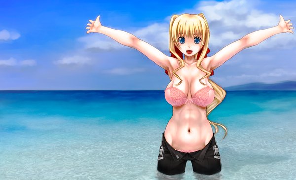 Anime picture 1800x1100 with scharfschutze single long hair highres breasts open mouth blue eyes light erotic blonde hair wide image large breasts sky arms up beach open pants girl navel ribbon (ribbons) hair ribbon shorts