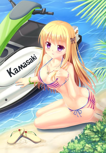 Anime picture 837x1200 with original kawasaki yurina (artist) single long hair tall image breasts light erotic blonde hair purple eyes beach girl bow swimsuit hair bow bikini bracelet sea striped bikini watercraft