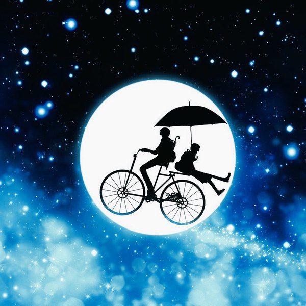 Anime picture 999x999 with harada miyuki profile happy silhouette girl boy moon star (stars) umbrella full moon ground vehicle bicycle