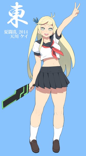 Anime picture 640x1155 with original tamahagane gakuen touransai accho (macchonburike) single long hair tall image fringe open mouth blonde hair simple background ahoge bare belly outstretched arm hieroglyph symbol-shaped pupils victory blue background multicolored eyes 2014 girl