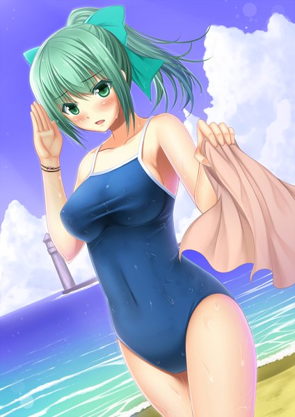 Anime picture 744x1052 with kantai collection yuubari light cruiser shibata rai single long hair tall image blush breasts open mouth light erotic green eyes sky cloud (clouds) ponytail green hair beach girl bow swimsuit hair bow
