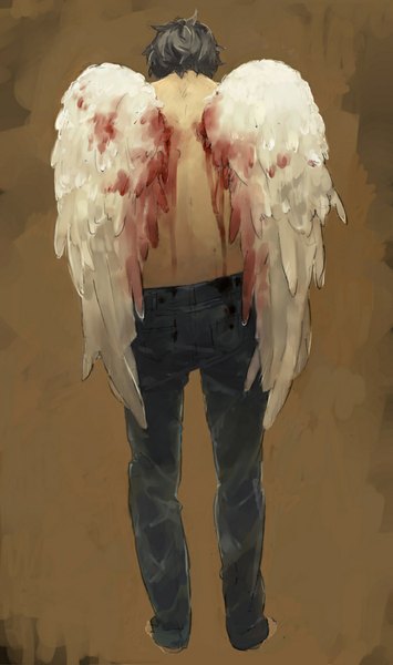 Anime picture 708x1196 with original pood1e (pixiv 2801977) single tall image short hair black hair simple background barefoot from behind back angel wings white wings brown background shirtless boy wings blood jeans