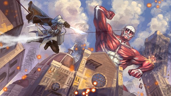Anime picture 1000x562 with shingeki no kyojin assassin's creed (game) production i.g bertolt hoover colossal titan sunsetagain (artist) wide image sky cloud (clouds) back city crossover destruction giant boy gloves weapon sword hood building (buildings)
